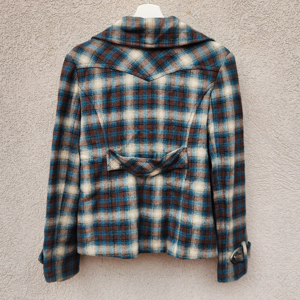 STETSON Women's Pea Coat Medium Plaid Blue Wool Blend Lined Outdoors - Picture 4 of 10